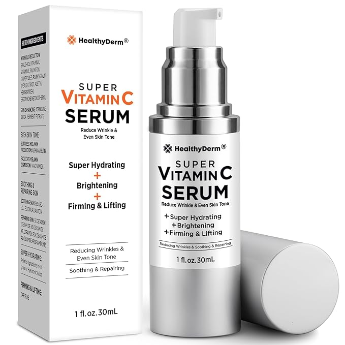 HealthyDerm Super Vitamin C Serum for Women Over 70: Niacinamide, Vitamin C, Hyaluronic Acid, Peptides, Vitamin E, Caffeine, Bakuchiol, Hydrating, Lifting, Face Wrinkle & Age Spots Reduction