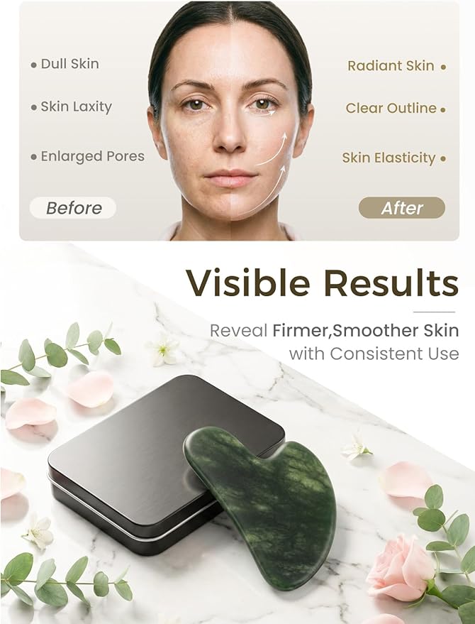 Gua Sha Facial Tool – Jade Guasha Tool for Face, Neck & Body – Gua Sha Tool for Lymphatic Drainage, Puffiness Reduction & Targeted Tension Relief – Beauty Skin Care Gift (Green)