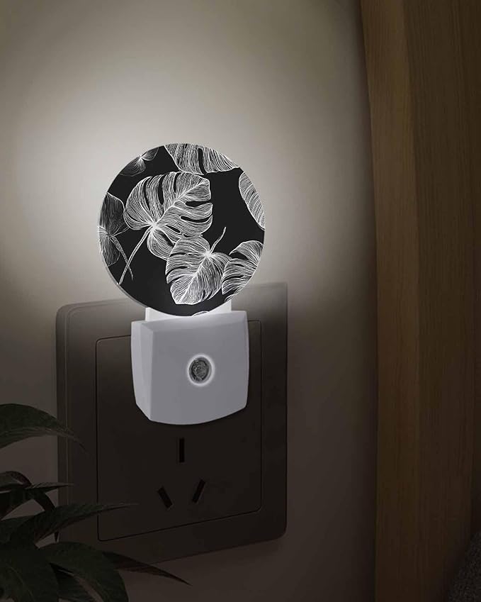 Night Lights Auto Sensor Black Palm Leaves Night Light Summer Tropical Branches Round Lamp Plug-in LED Nightlights Dusk to Dawn for Living Room Bedroom Bathroom Hallway Wall Decor