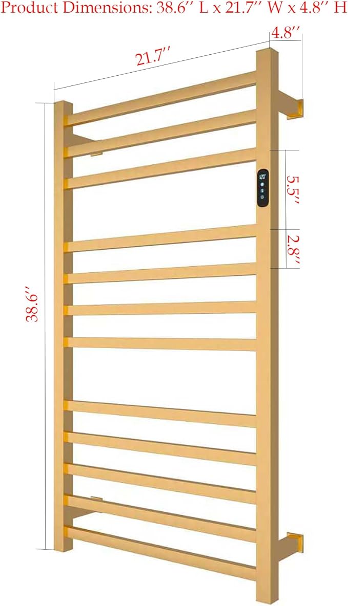 Luxury Heated Towel Rack Wall Mounted Towel Warmers, 12 Bars Towel Warmer Rack for Bathroom with Timer & Temperature Multi-Level Adjustable, Hardwired and Plug-in Compatible (Brushed Gold)