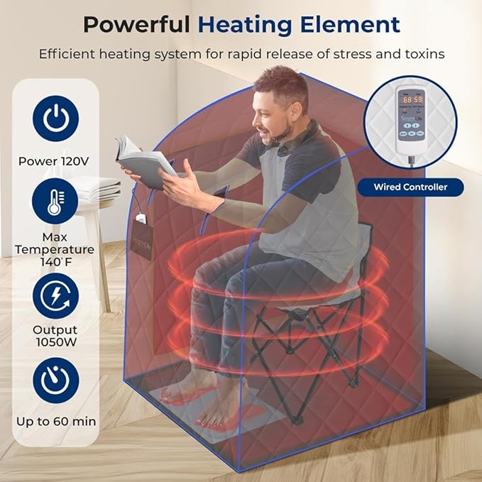SereneLife Portable Sauna Box for Home, Infrared Sauna Tent with Heated Foot Pad and Folding Chair, Remote Control In-Home Spa, 38" x 32” - (Silver)
