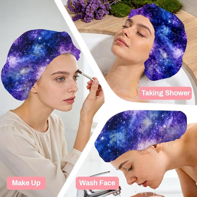 Starry Sky Reusable Shower Cap Milky Way Double Layer Waterproof Shower Caps Large Elastic Hair Cover Adjustable Hair - Drying Caps for Woman Man Bath SPA Travel One Size Fits Most