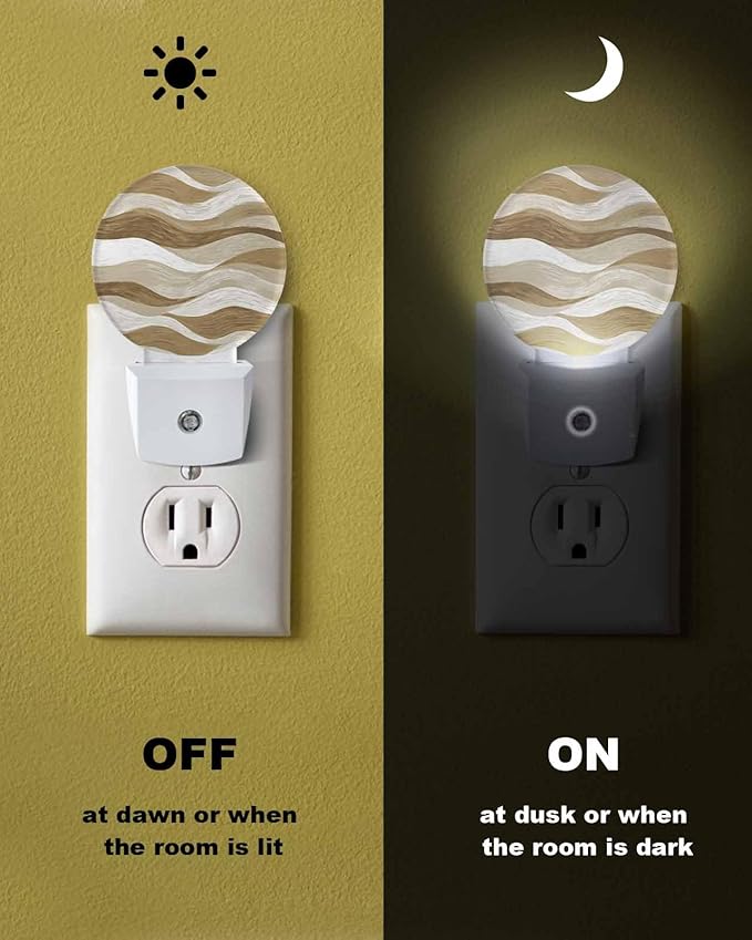 Night Lights Auto Sensor Brown Ocean Waves Night Light Abstract Mountain Stripes Round Lamp Plug-in LED Nightlights Dusk to Dawn for Living Room Bedroom Bathroom Hallway Wall Decor