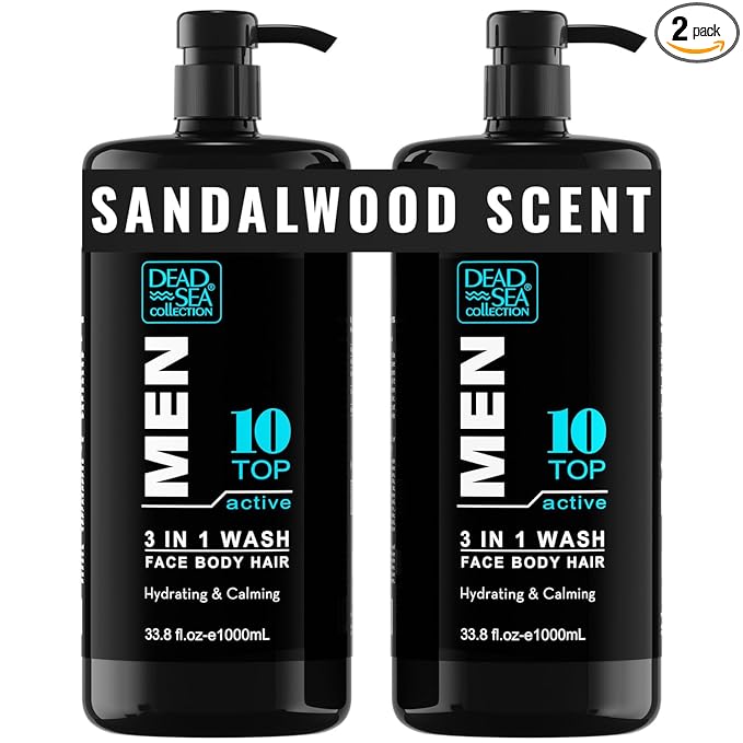 Dead Sea Collection Mens Body Wash TOP 10 ACTIVE – 3 in 1 Body Wash for Men for Hair, Face & Body – Moisturizing Shower Gel with Dead Sea Minerals – Pack of 2 (33.8 fl oz each)