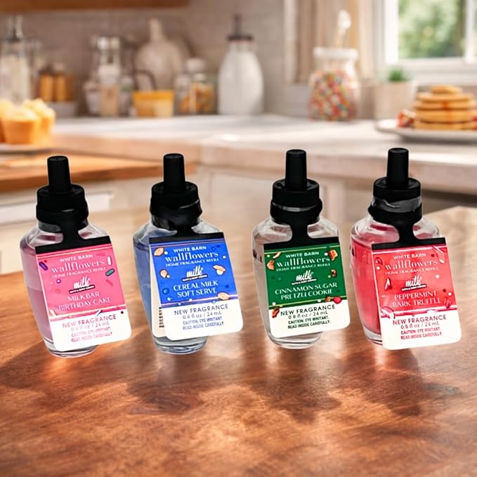 Bath & Body Works MILK BAR Collections 2025 Wallflowers Refills – Birthday Cake, Cereal Milk Soft Reserve, Cinnamon Sugar Pretzel Cookie, Peppermint Bark Truffle – 4pc Gift Set