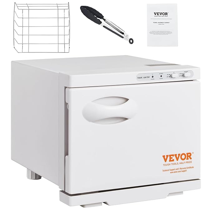 VEVOR Hot Towel Warmer, 8L Small Towel Warmer Cabinet with Clip & Stainless Steel Rack, Holds up 12 Towels, Portable All-Round Heating Cabinet for Spa, Barber, Manicures, Massage, Salon, White