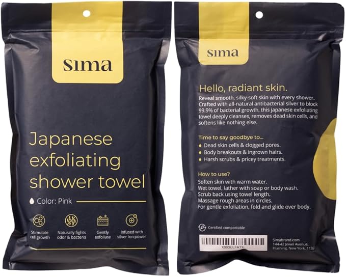 Sima Brand Exfoliating Washcloth Face & Body Scrub Towel - Japanese Exfoliating Towel with Hexagon Fibers, Body Scrubber with 2 Sides for Scrubbing & Washing, Extra Long Towels (Pink, 2 Pack)