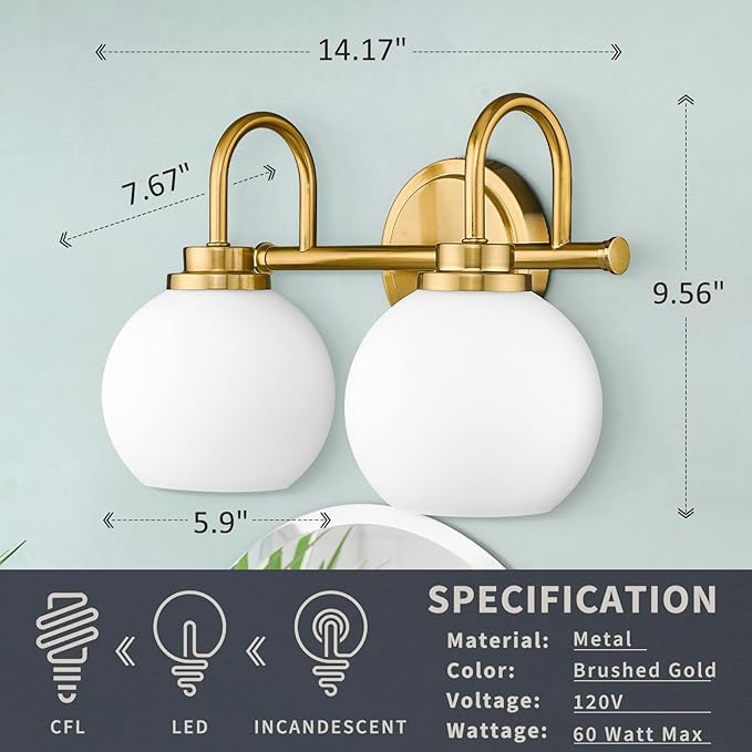 AKEZON Bathroom Light Fixtures 2-Light Brushed Gold Vanity Light, Modern Bathroom Wall Sconce with Milky White Frosted Glass Shade for Mirror Bedroom Hallway