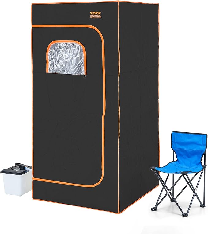 VEVOR Portable Steam Sauna Tent Full Size, 1600W with Visible Window, Personal Sauna Kit for Home Spa, Soothing Heated Body Therapy,Time&Temperature Remote Control with Chair,Black, 2.9’x 2.9’x 5.8’