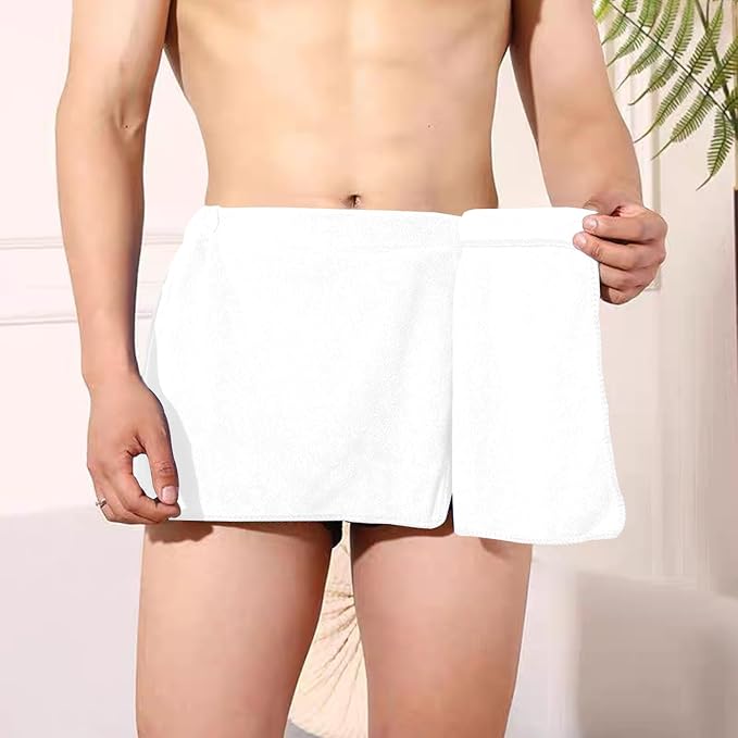Men Boys Soft Wearable Bath Towel Short Pants Adjustable Mircofiber Towel Blanket Bathroom Pool Beach Spa Bathing Shower Cover Up Wrap Around Towel with Snap Closure (White)