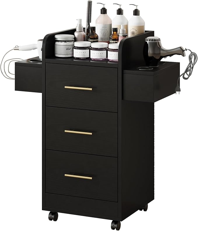 4ever2buy Rolling Salon Station for Hair Stylist, Salon Trolley Cart with with Wheels, Hair Stylist Beauty Barber Station, 6 Hair Dryer Holders & 3 Drawers, Black and Gold