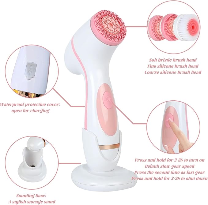 Facial Cleansing Brush, 3in1 Silicone Face Scrubber, Waterproof Facial Scrubber for Deep Cleansing, Rechargeable Face Exfoliation Brush with 2 Adjustable Speeds, Face Spin Brush for Women Men (Pink)