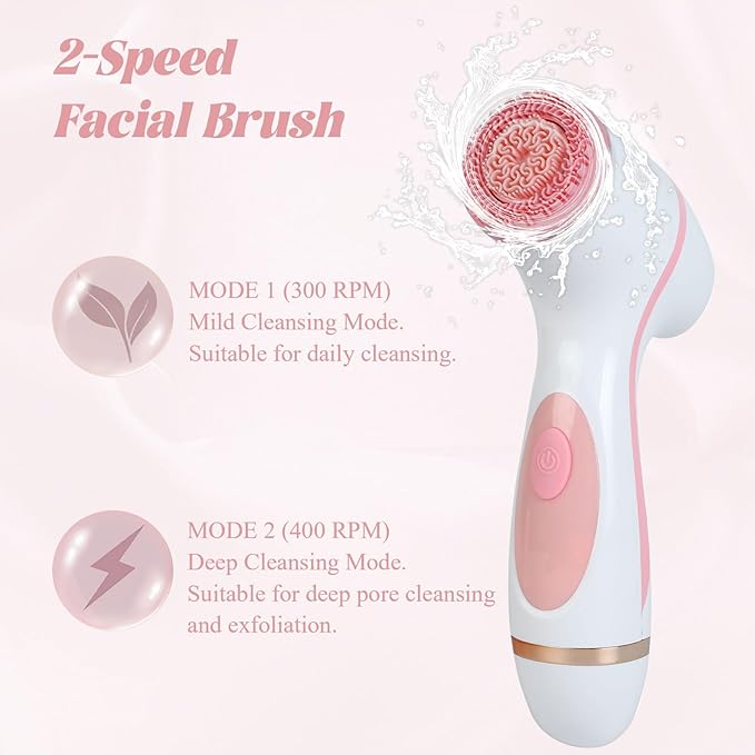 Facial Cleansing Brush, 3in1 Silicone Face Scrubber, Waterproof Facial Scrubber for Deep Cleansing, Rechargeable Face Exfoliation Brush with 2 Adjustable Speeds, Face Spin Brush for Women Men (Pink)