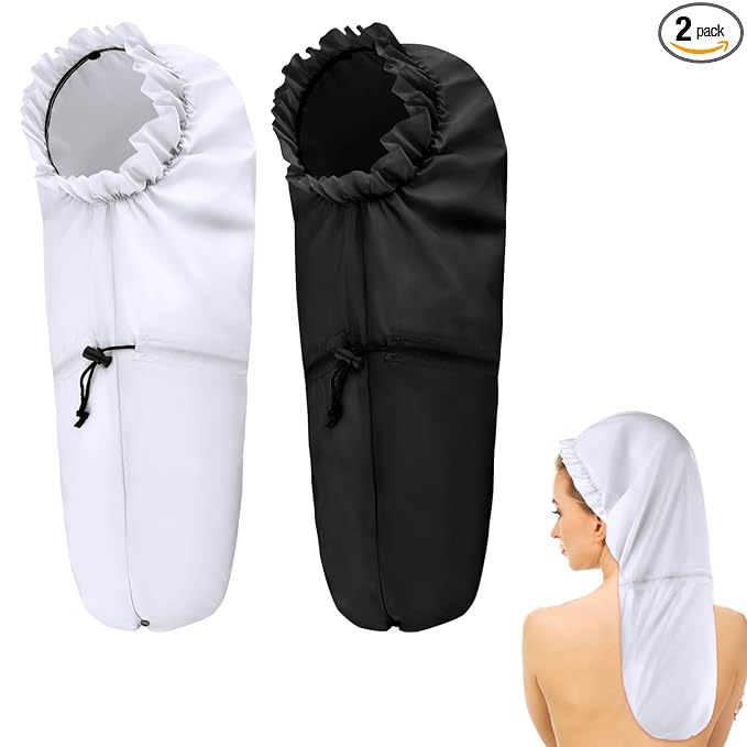 2 Pcs Large Shower Cap for Braids, Extra Long Shower Cap for Women Long Hair & Locs, Waterproof Hair Bonnets for Dreadlocks Drawstring Bath Caps for Women & Men (Black, White)