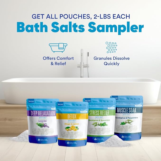 Bath Salts Sampler (4-Pack of 2-lbs) Variety Bath Soaks with Bamboo Scoop