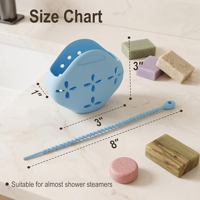 2 Pack Shower Steamer Holder Suction Cup, Silicone Bathroom Accessories with Adjustable Hanging Strap, Non-Slip Aromatherapy Diffuser Container, White & Blue