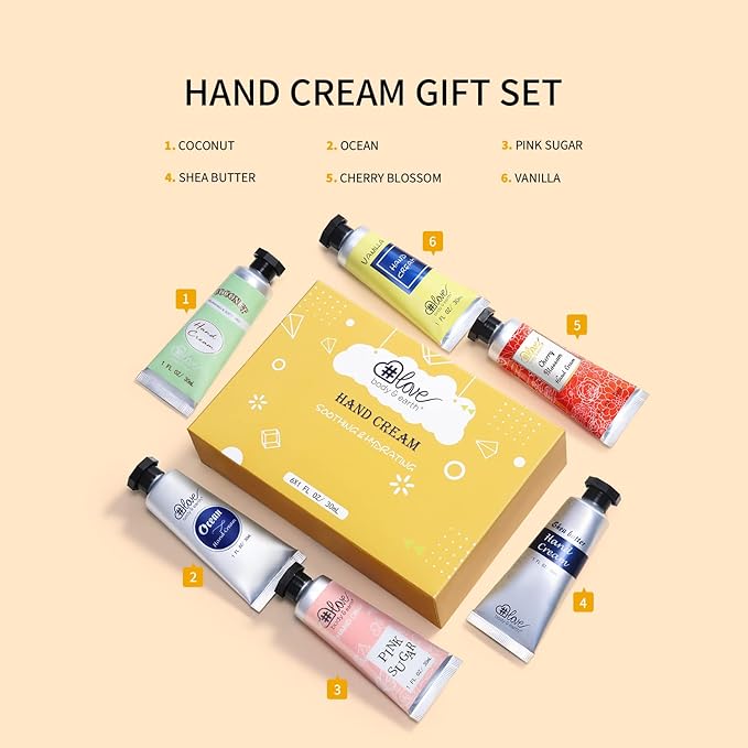 BODY & EARTH # LOVE Hand Cream Gifts Set,Mothers Day Gifts for Mom,Travel Size Hand Cream for Women,Mini Moisturizing Hand Lotion for Dry Cracked Hands,Nurses Week Appreciation Gift Teacher, 6 x 1 OZ