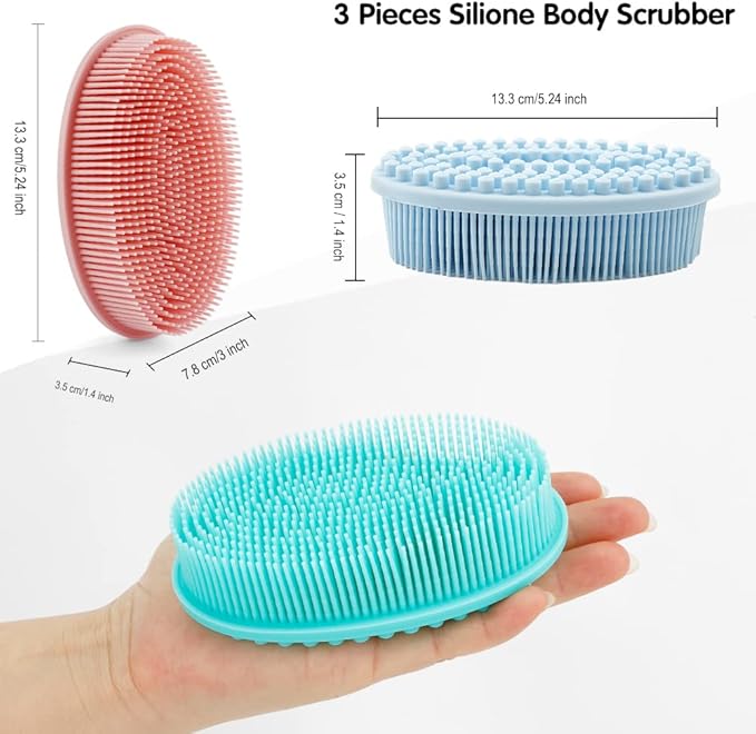 3 Pack Silicone Body Scrubber, Soft Silicone Loofah Exfoliating Body Scrubber, Silicone Body Brush Bath Shower Scrubber for Body, 2 in 1 Bath and Shampoo Wash Brush for Skin Exfoliation Men Women