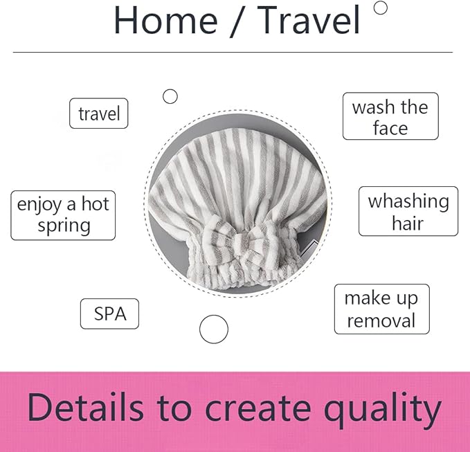 Microfiber Hair Towel Cap,Soft Absorbent Quick Drying Cap for Curly Thick Hair, Wrap Cap with Hair Brush for Women Girls (Pink&Gray White, 2)