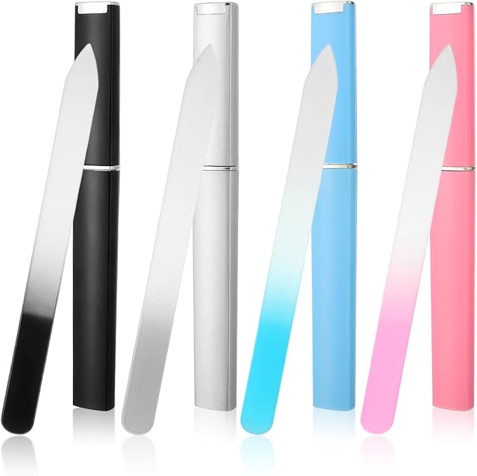 4 Pack Glass Nail File Set with Case – Double-Sided Crystal Nail Files for Women, Professional Fingernail & Pedicure Care, Portable Travel Manicure Kit