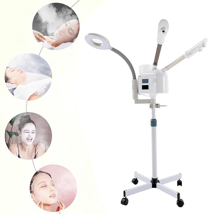 3 in 1 Facial Steamer, Professional Rolling Facial Steamer with 5X LED Magnifying Lamp, Warm Cold Mist Digital LCD Screen Ozone Facial Steamer for Salon Spa Beauty Skin Care