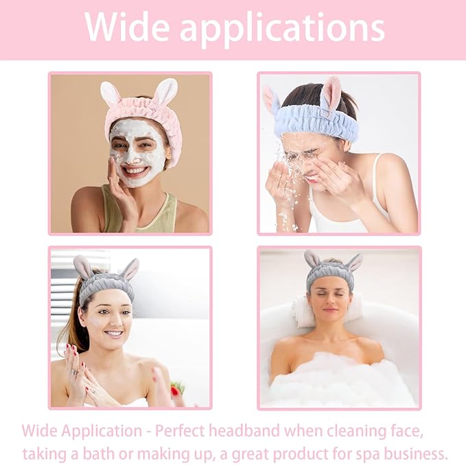 musejoy 2 Pcs Headband Bunny Ears Headband Cute Spa Headbands for Washing Face Skincare Makeup Headbands for Women Girls Trendy Stuff Present Soft Coral Fleece Hair Accessories(Pink+Purple)