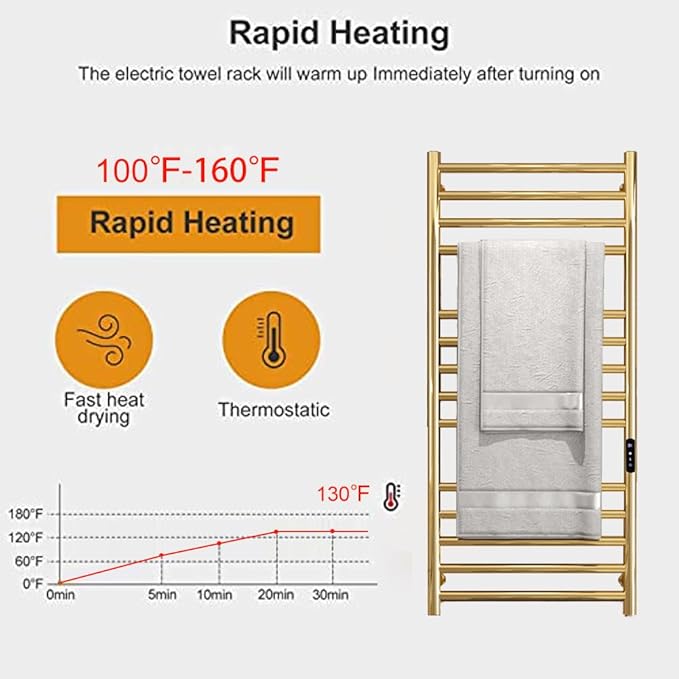 Gold Wall Mounted Heated Towel Rack,Gold Towel Warmers Rack for Bathroom, Timer & Temperature Control Electric Towel Drying Rack (14 Bars Brushed Gold A, Plug-in)