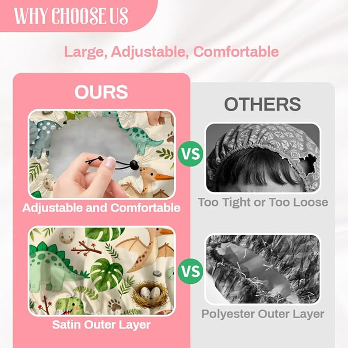 Dinosaurs Leaves Reusable Shower Cap Cute Double Layer Waterproof Shower Caps Large Elastic Hair Cover Adjustable Hair - Drying Caps for Woman Bath SPA Travel One Size Fits Most