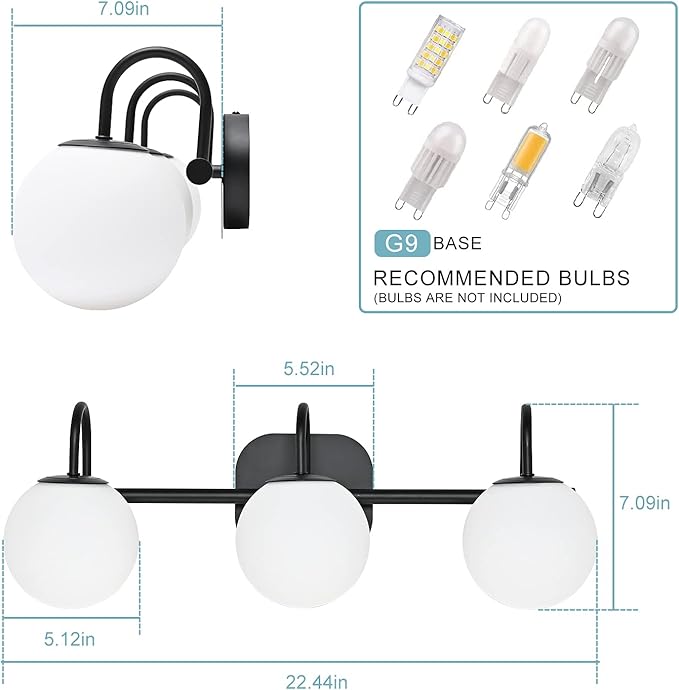 Modern Black Bathroom Vanity Light Fixtures 3 Lights Frame and Milk White Glass Globe Shade Modern Wall Sconce Lighting Bath Vanity Lights Bar Over Mirror (Exclude G9 Bulb)