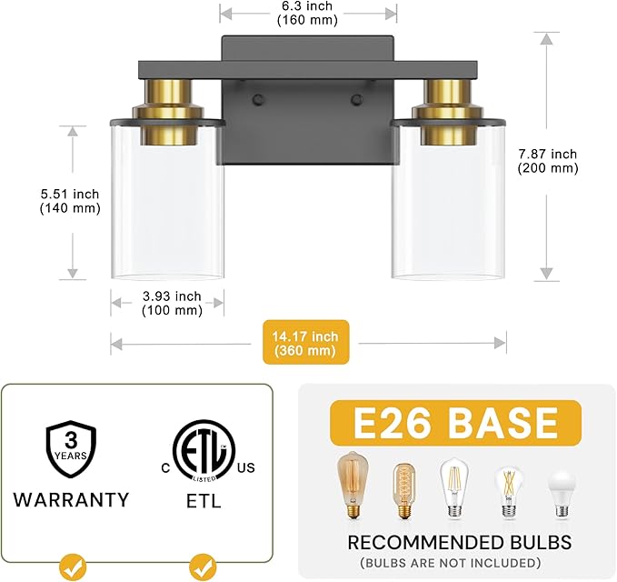 L LOHAS LED 2 Light Bathroom Vanity Light, Black and Gold Vanity Light with Clear Glass Shade, Black and Gold Light Fixtures, ETL Listed