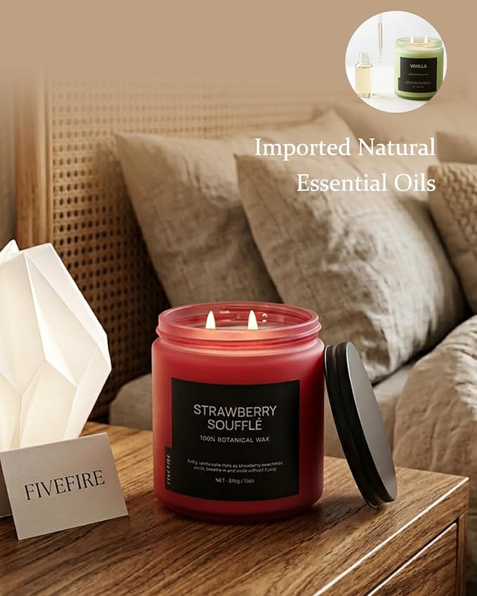 Strawberry Soufflé Home Scented Candles, 13oz Organic Soy Wax, 76-Hour Clean Burning, Natural Non-Toxic, Sweet & Fruity Gourmand Scent for Relaxation, Aromatherapy Housewarming Candle Men Women