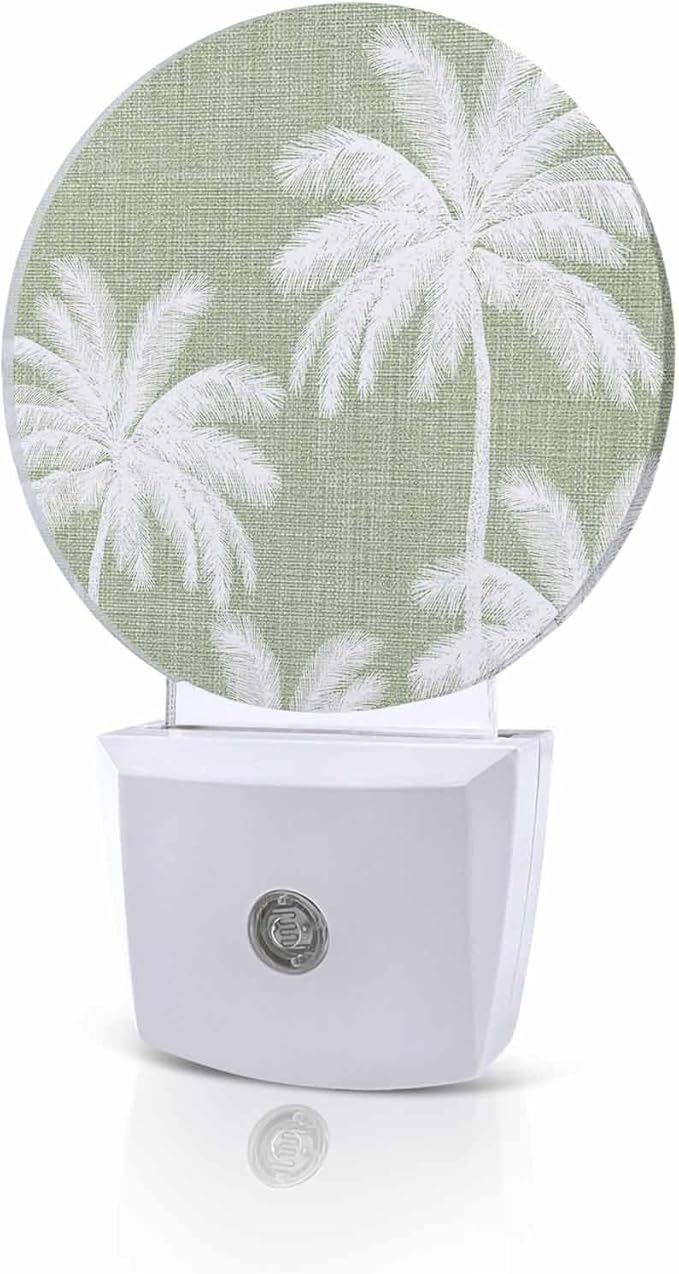 Night Lights Auto Sensor Tropical Palm Trees Night Light Sage Green Linen Coastal Round Lamp Plug-in LED Nightlights Dusk to Dawn for Living Room Bedroom Bathroom Hallway Wall Decor