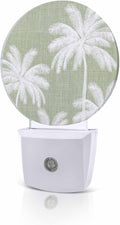 Night Lights Auto Sensor Tropical Palm Trees Night Light Sage Green Linen Coastal Round Lamp Plug-in LED Nightlights Dusk to Dawn for Living Room Bedroom Bathroom Hallway Wall Decor
