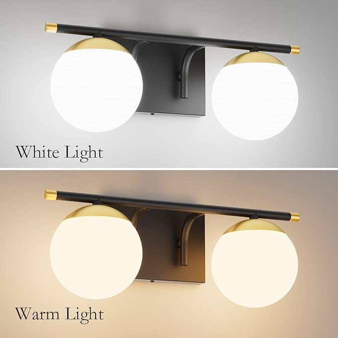Ralbay Black and Gold Bathroom Vanity Light 2-Light Mid Century Modern Vanity Light Fixtures Black Milky Glass Globe Wall Light for Bathroom