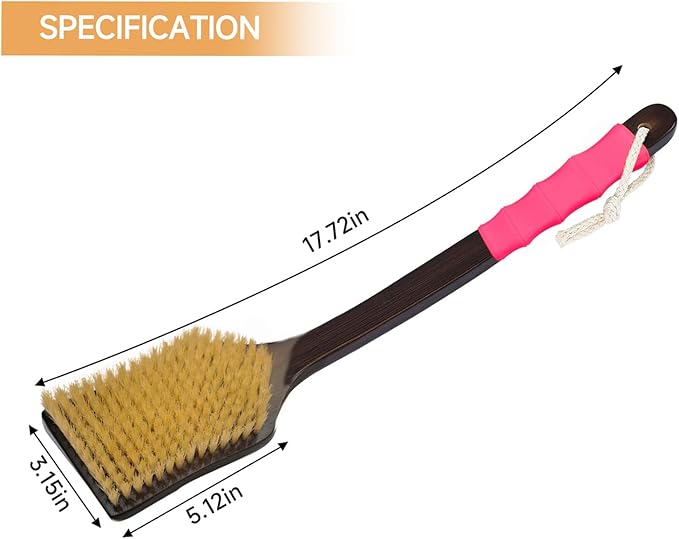 Back Scrubber Shower Brush,Dry Brushing Body Brush with 17.7 Inch Curved Long Handle, Natural Bristles for Lymphatic Drainage, Soft & Stiff Bristles Available (Pink Handle, Soft)