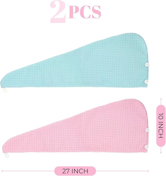 MaopaoBeauty Microfiber Hair Towel Wrap - 2Pack Hair Head Drying Curly Fast Absorbent Dry Anti Frizz Twist Plopping Long Shower for Women (2Packs,Green and Pink,10.6x27.5inch)