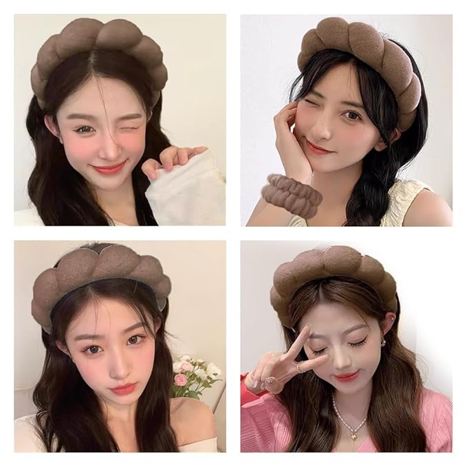 Spa Headbands for Washing Face Wristband Set Sponge Makeup Skincare Headband Wrist Towels Bubble Soft Terry Towel Cloth Hairband for Women Puffy Headwear Non Slip Thick Thin Hair Headwear (Brown)