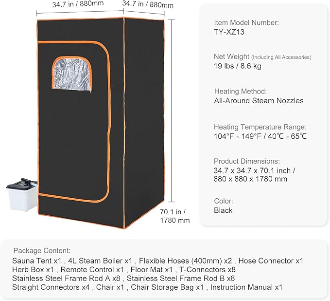 Happybuy Portable Steam Sauna Tent Full Size, 1600W, Visible Window, Home Spa Sauna Blanket Kit, Detoxify & Soothing Heated Body Therapy, Time & Temp Remote with Chair, Black