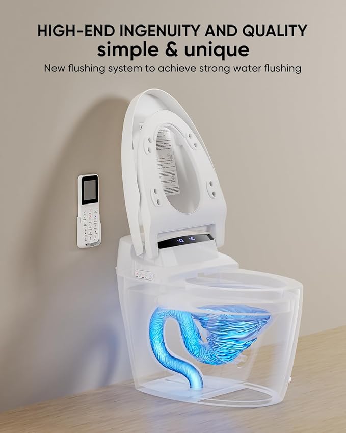 TDH Smart Toilet, Tankless Toilets with Foot Sensor Operation, Heated ToiletSeat with Warm Water Sprayer and Dryer, LED Display with Fahrenheit, Round Toilet Seat
