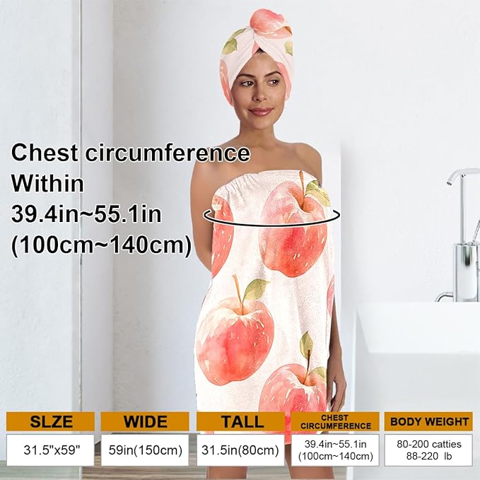 QIULIBMH Women’s Apple Print Bath Wrap and Hair Towel Set, Soft Absorbent Microfiber Quick-Dry Shower Body Skirt with Elastic Closure, Lightweight Spa Towel for Home, Gym & Travel (Apple 1)