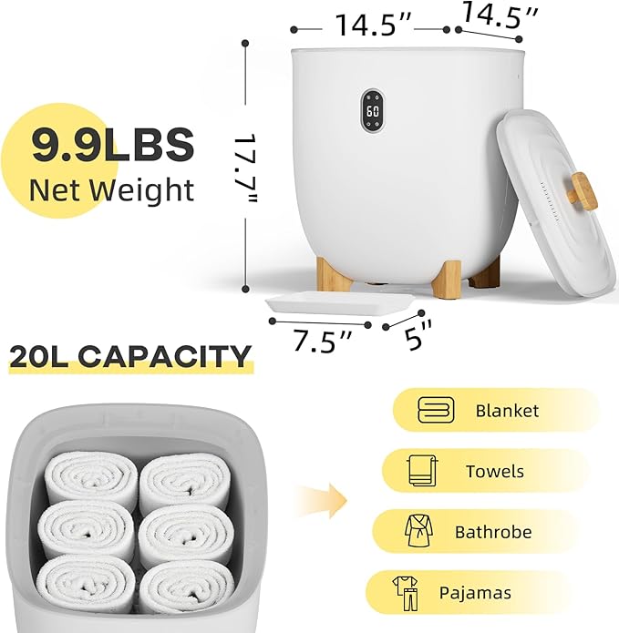 GarveeLife 20L Towel Warmer Bucket 20L, Portable Hot Air Towel Dryer & Freshener for Bathroom, Fast Heating ABS Body, Ideal for Home, Apartment, Small Spa Use, White