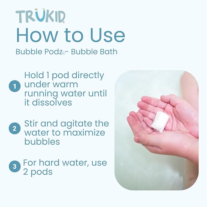 TruKid Bubble Podz Bubble Bath for Kids, Toddlers, & Babies, Tear Free Gentle & Refreshing Bath Bomb for Sensitive Skin with Natural Moisturizers, Non-Toxic, pH Balanced, Eucalyptus Scent (10 Podz)