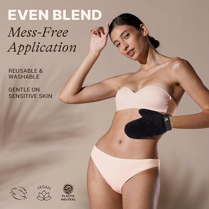 Self Tanning Mitt Applicator Set – 3-in-1 Velvet Mitts, Exfoliating Glove & Face Body Tanner Mitts for Streak-Free Tan, Reusable Self Tanner Mitt Kit for Lotion, Mousse & Spray