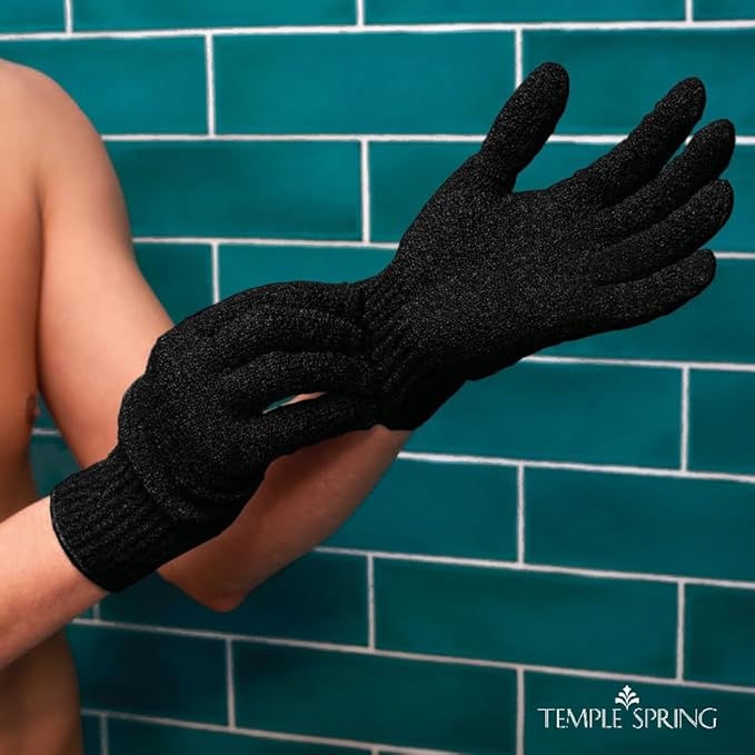 Temple Spring Exfoliating Gloves for Men & Larger Hands – Extra Large XL Textured Rayon Bamboo Shower Gloves with Thicker Weave for Deep Cleansing, Dead Skin Removal & Smooth Skin (1 Pair, Black)