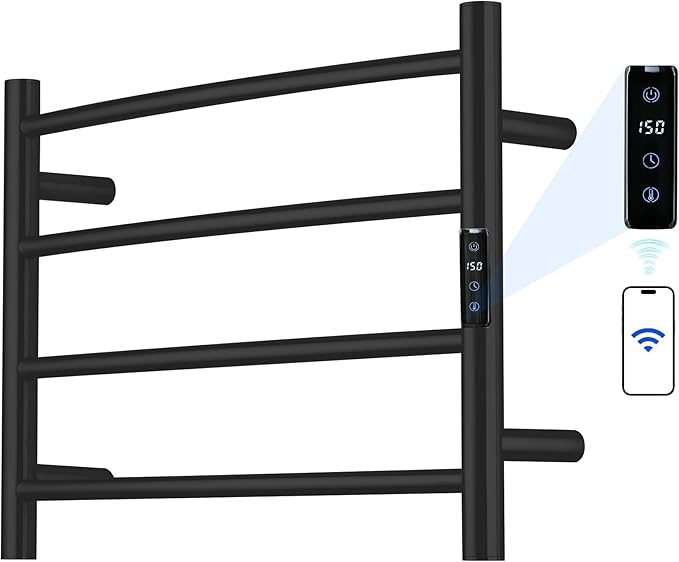 Electric Towel Rack with Voice Control for Alexa & Google Home,TUYA - Wall-Mounted Bathroom Heating Towel Warmer,Plug-in,Stainless Steel Material,16.54x23.62x5.51 in,Black,4 Bars