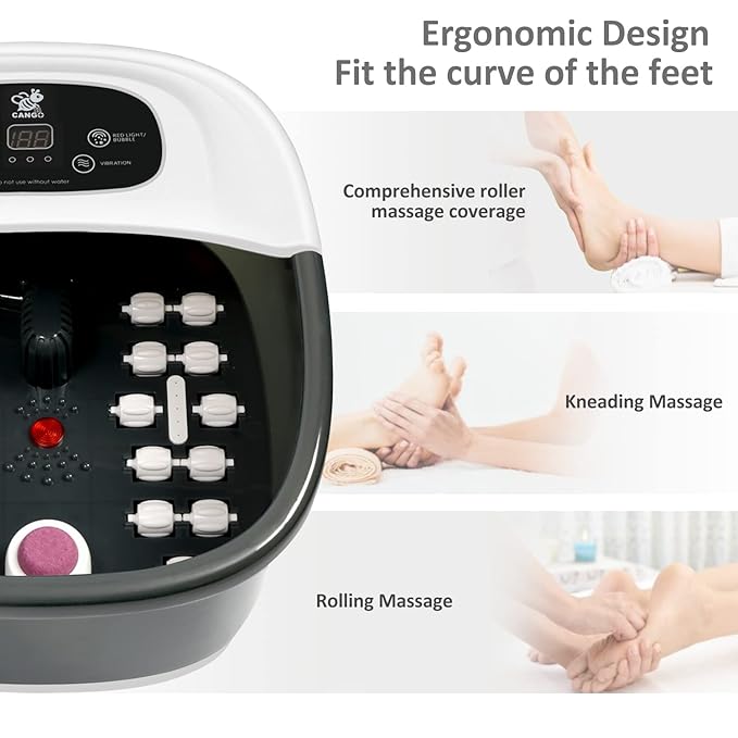 Foot Spa Bath Massager with Heat Bubbles and Vibration Massage and Jets, 16 OZ Calming Lavender Foot Soak Epsom Salt, CANGO Foot Soaker With Infrared Light, 22 Massage Rollers, Adjustable Temp - Black