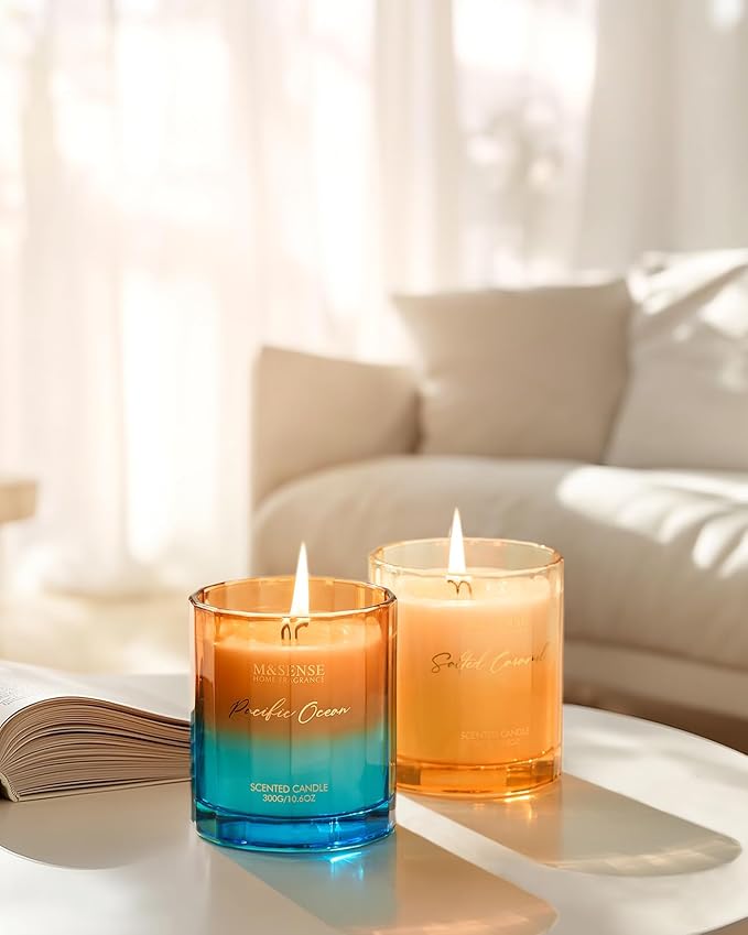 M&SENSE Summer Ocean Scented Candles for Home, 10.6oz Natural Soy Wax, 60-Hour Clean Non Toxic Aromatherapy Candle, Marine Breeze Smelling for Housewarming Gifts