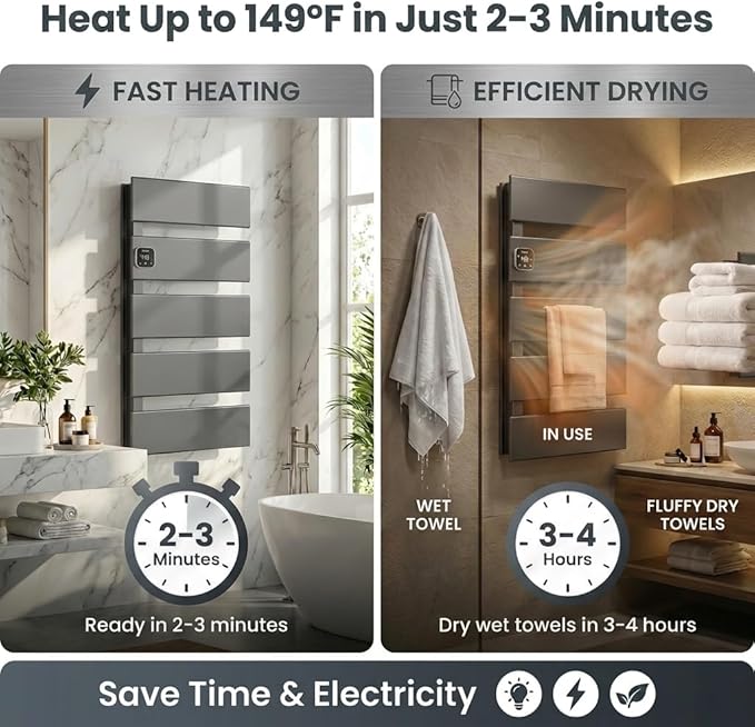 Electric Towel Warmer, Heated Towel Rack with Thermo Control and Timer, Fast Heating Towel Rail for Bathroom with Memroy Function, Work with Smart Plug, Left-Wiring, 5 Panel, Gun Gray