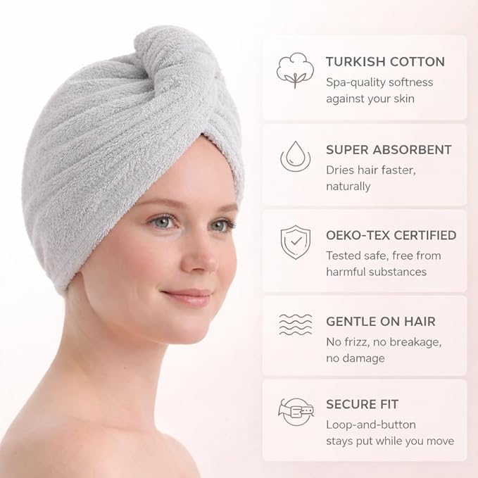 100% Turkish Cotton Hair Towel Wrap 2 Pack – Oeko-TEX Certified Quick Dry Turban for Wet Hair – Soft, Absorbent, Gentle on Curly & Long Hair – 10x26 Inch