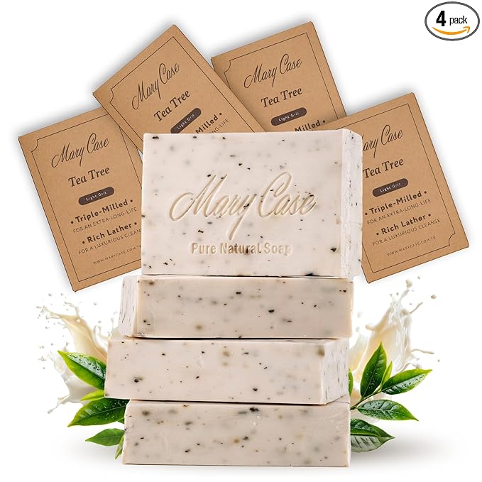 Mary Case Goat Milk & Tea Tree Bar Soap Set of 4 | Natural Soap with Olive, Coconut & Tea Tree Oils + Dried Tea Tree Leaves | Bath Soap for Men & Women | Gentle Cleansing, Purifying & Balancing Skin